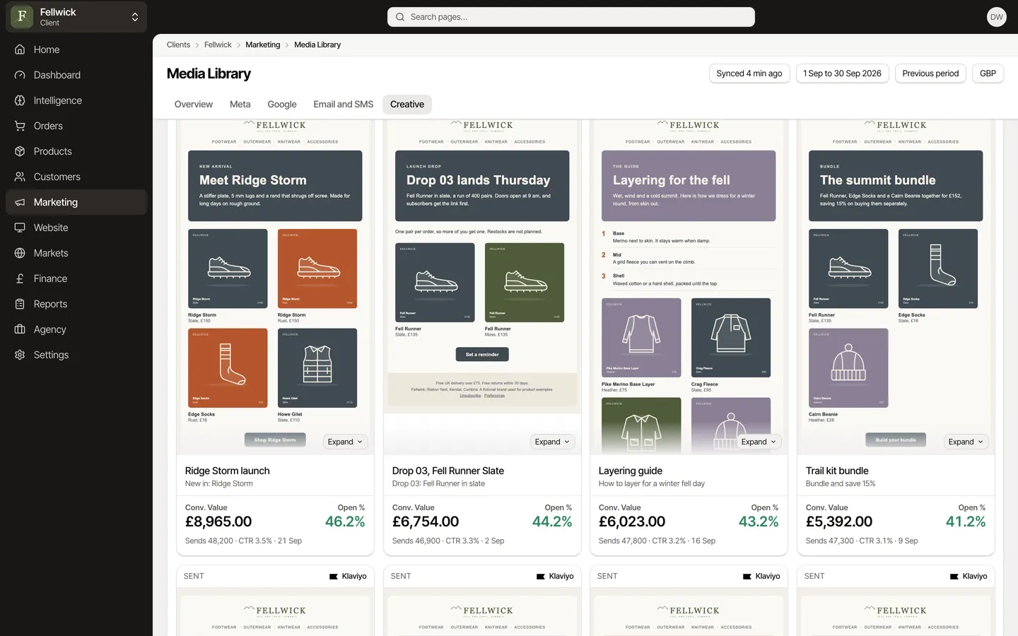 The Media Library with the email filter on: the email designs side by side, each with its real fields, for Fellwick, an example brand.