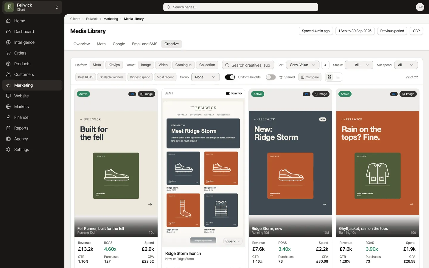 The Media Library: the filter bar and a four-column grid of ads and emails with revenue, ROAS, spend and CTR, for Fellwick, an example brand.